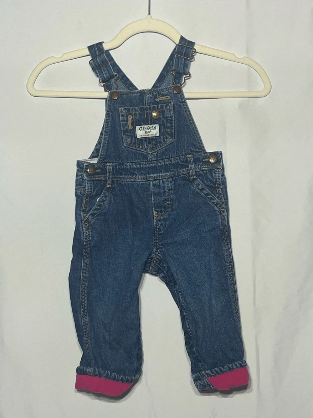 OshKosh B'gosh Girls 12M Dark Blue Denim Fleece Lined Snap Closure Overalls